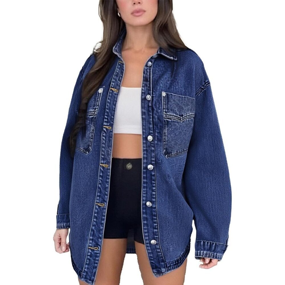 Women's Denim Jacket Wash Jean Jacket Coats With Pockets Oversized Dark Blue